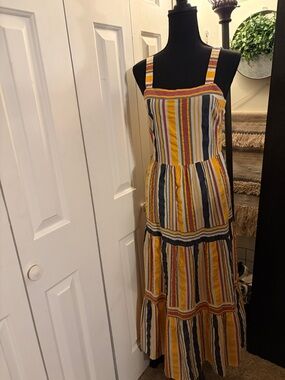 LOFT Riviera Striped Tiered Yellow Navy Multi-Color Maxi Dress